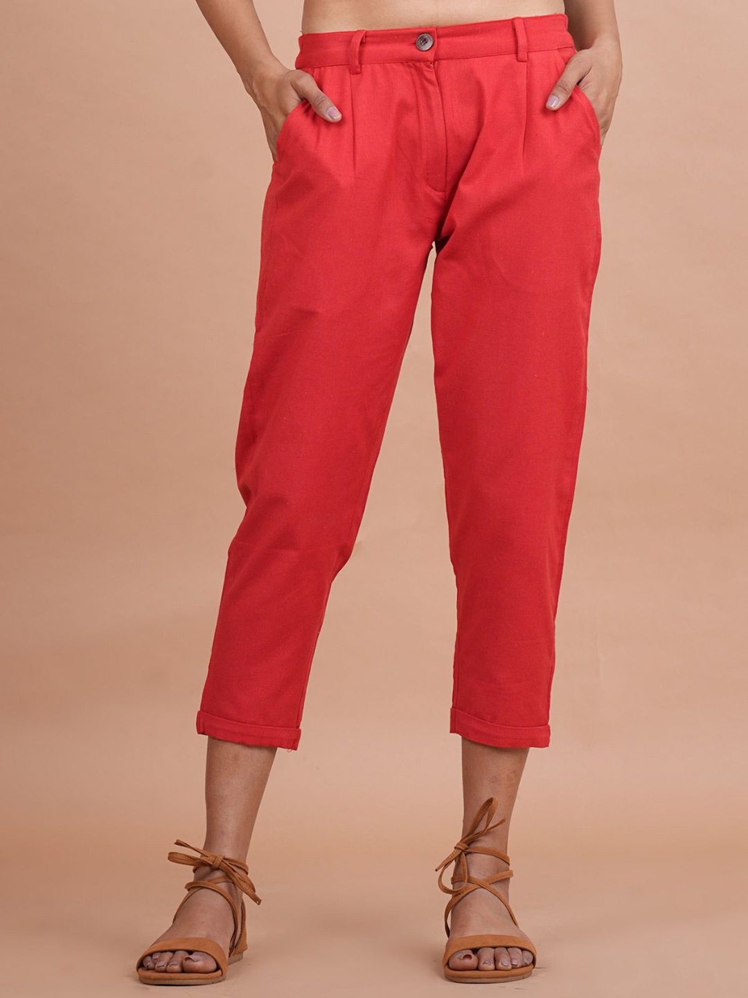 

MIRAYYA Women Mid Rise Pleated Trousers, Red