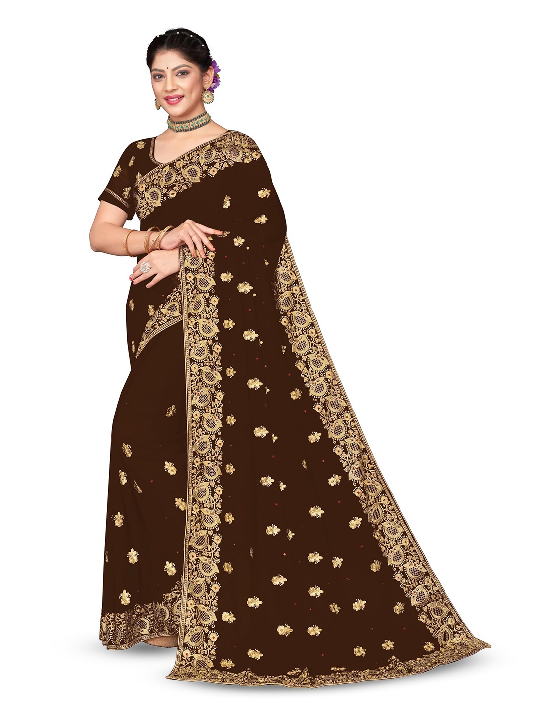 

KHRITI FAB Floral Embroidered Pure Georgette Saree, Brown