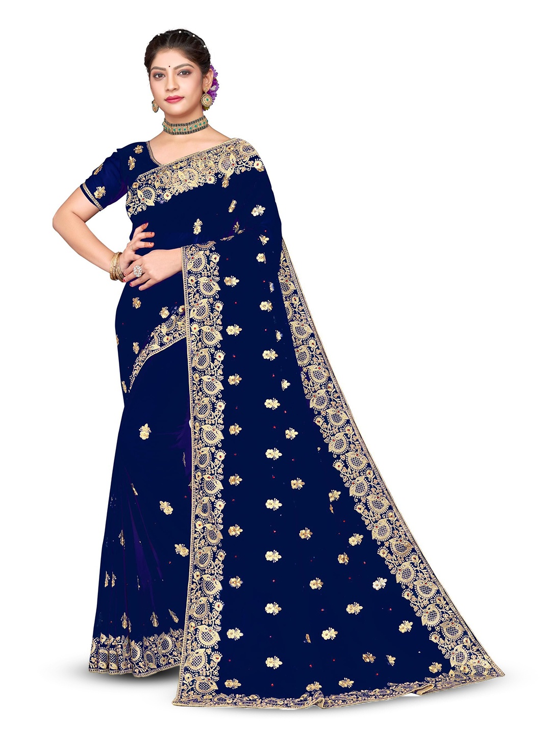 

KHRITI FAB Ethnic Motifs Embroidered Pure Georgette Saree, Navy blue