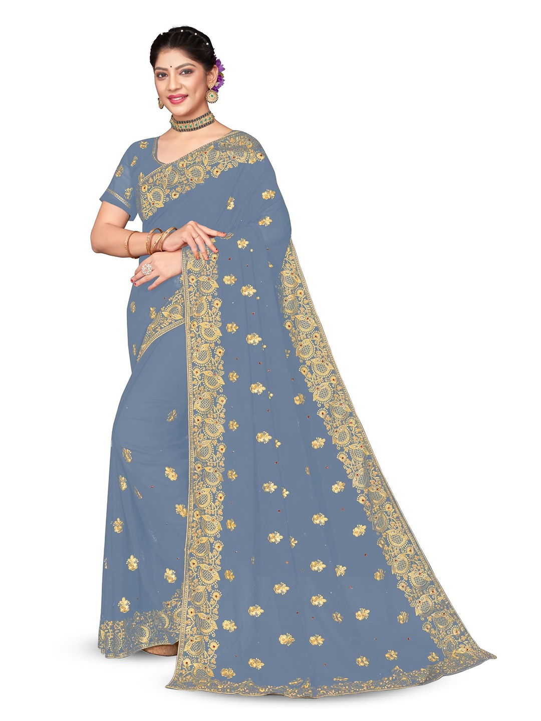 

KHRITI FAB Ethnic Motif Embroidered Pure Georgette Saree, Grey