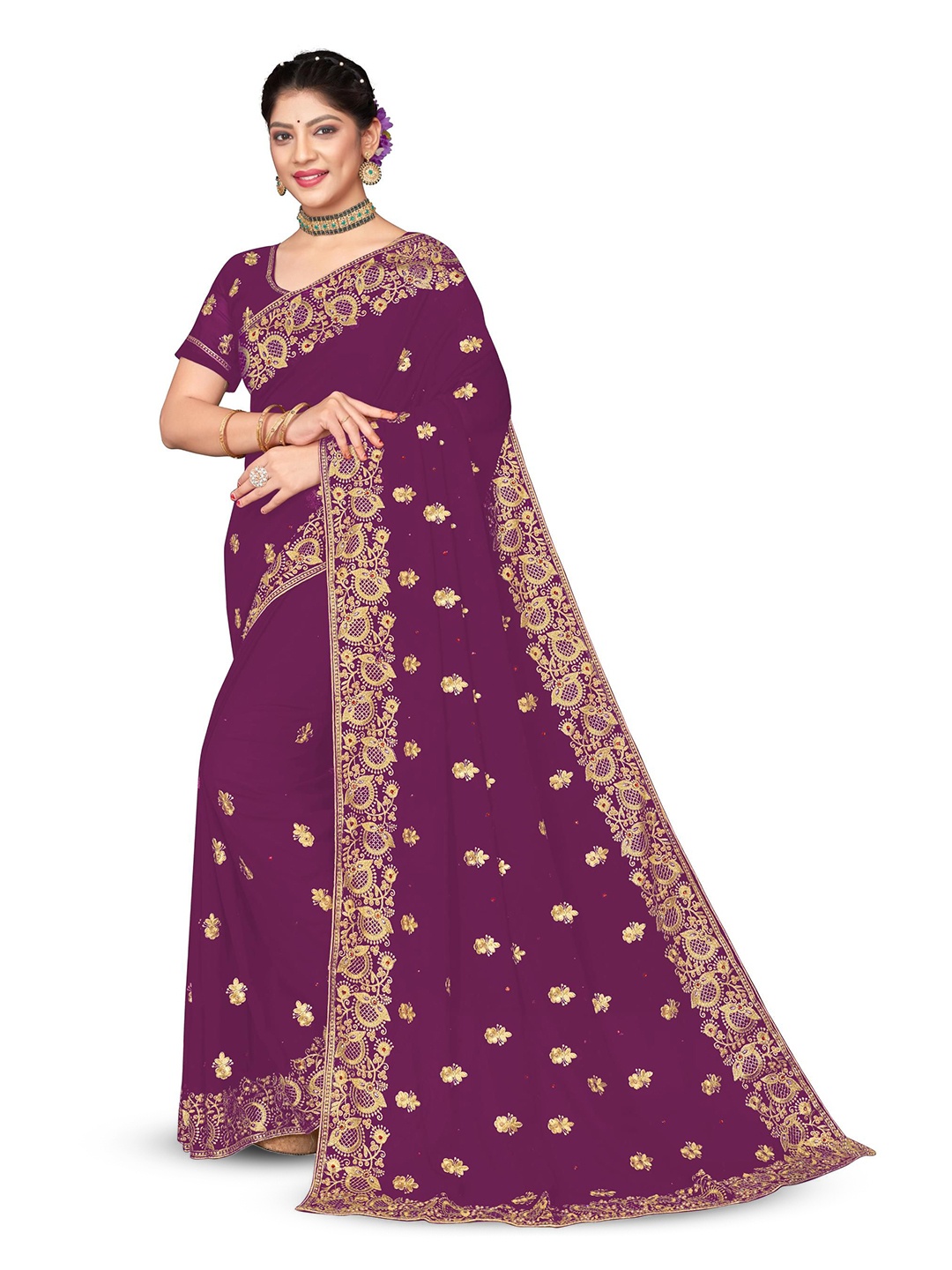 

KHRITI FAB Ethnic Motif Embroidered Pure Georgette Saree, Purple