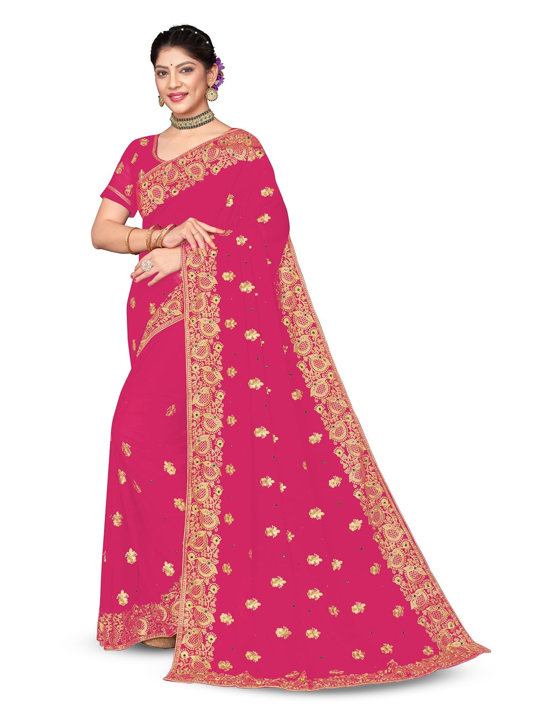 

KHRITI FAB Ethnic Motif Embroidered Pure Georgette Saree, Pink