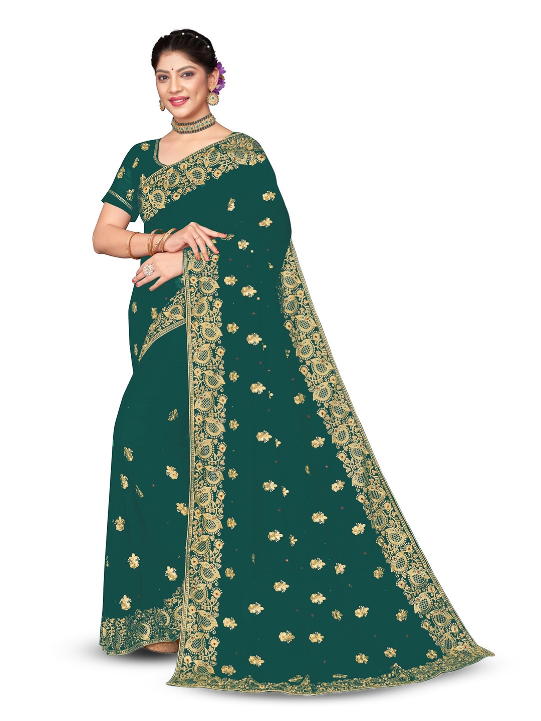 

KHRITI FAB Floral Embroidered Pure Georgette Saree, Green
