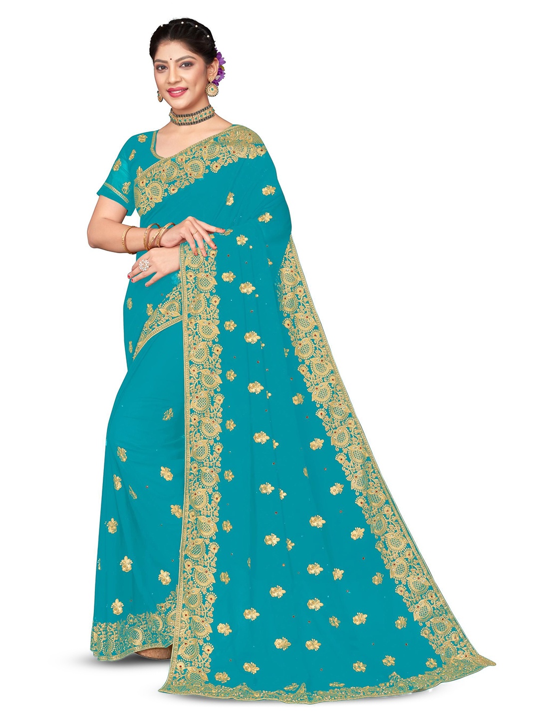 

KHRITI FAB Ethnic Motif Embroidered Pure Georgette Saree, Turquoise blue