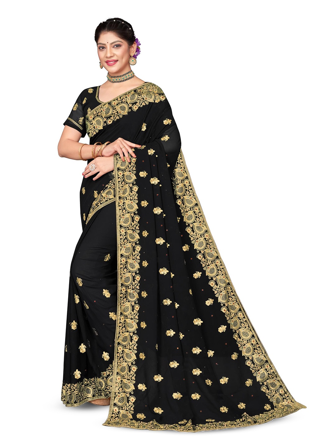 

KHRITI FAB Ethnic Motifs Embroidered Pure Georgette Saree, Black