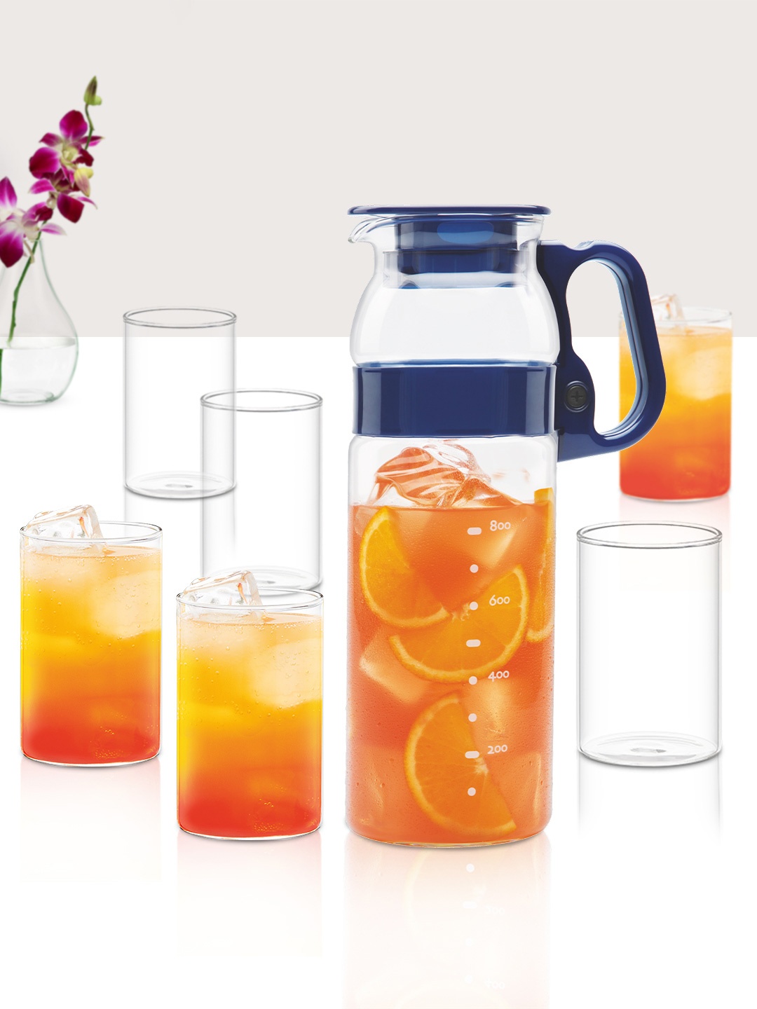

BOROSIL Marina 1.3L Borosilicate Glass Jug With 6 Pieces Glasses Scratch Resistant, Transparent