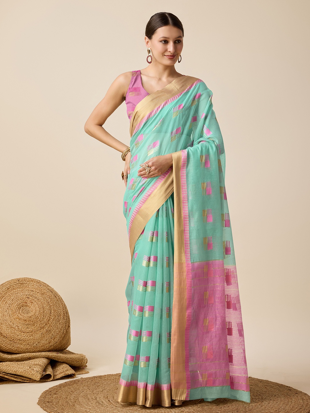 

bansari textiles Woven Design Zari Banarasi Saree, Turquoise blue