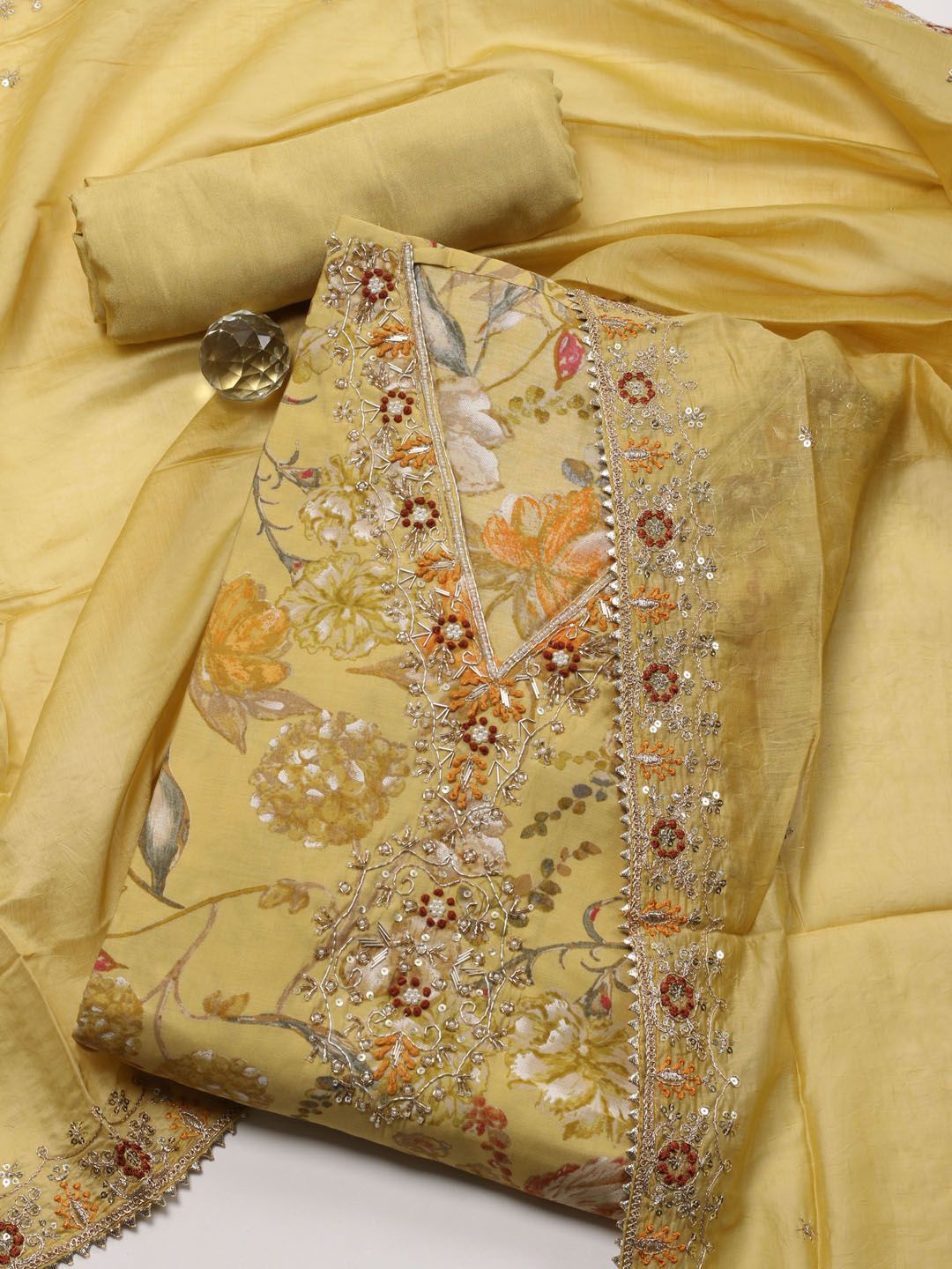 

Meena Bazaar Printed Art Silk Unstitched Dress Material, Mustard