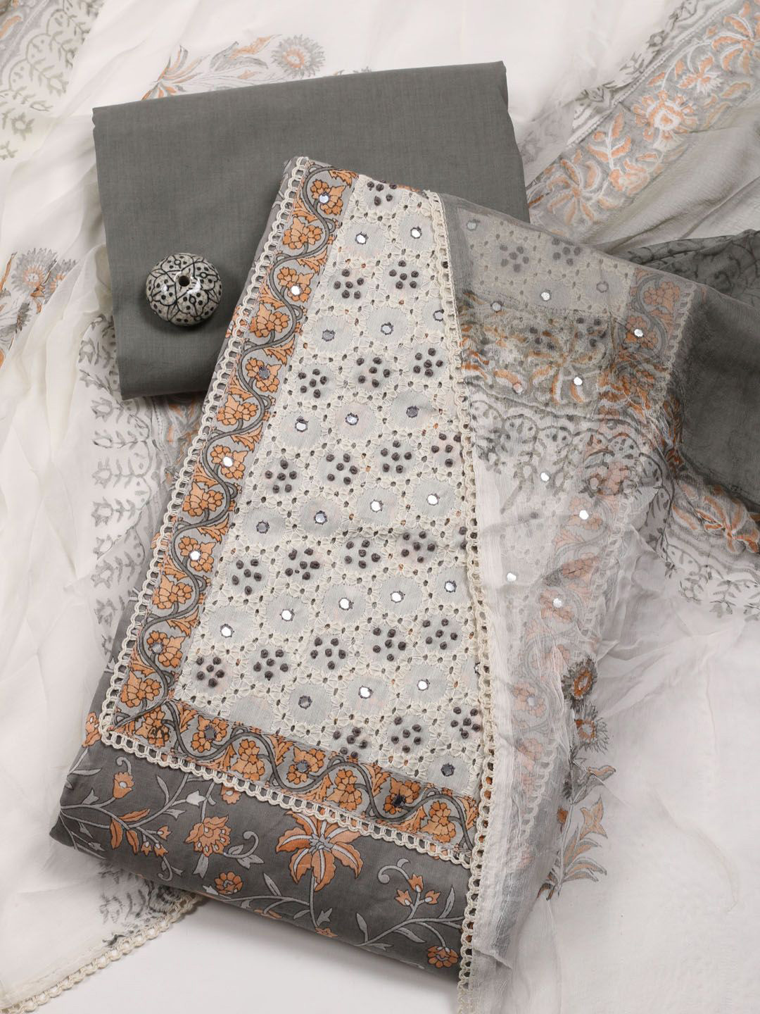 

Meena Bazaar Printed Unstitched Dress Material, Grey
