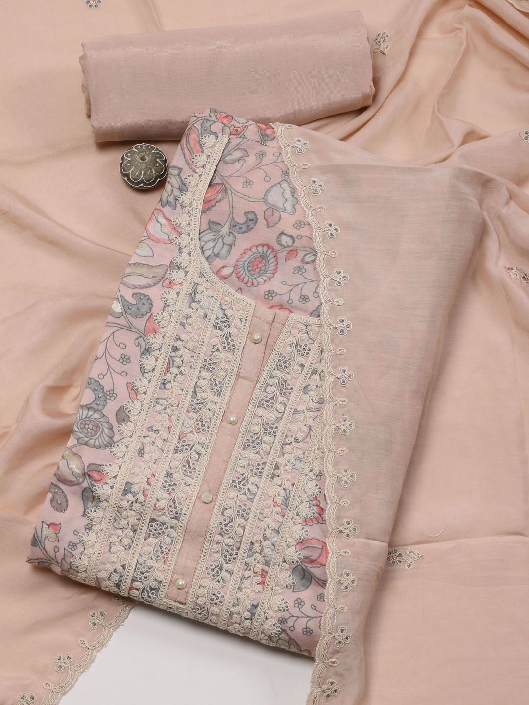 

Meena Bazaar Printed Art Silk Unstitched Dress Material, Pink