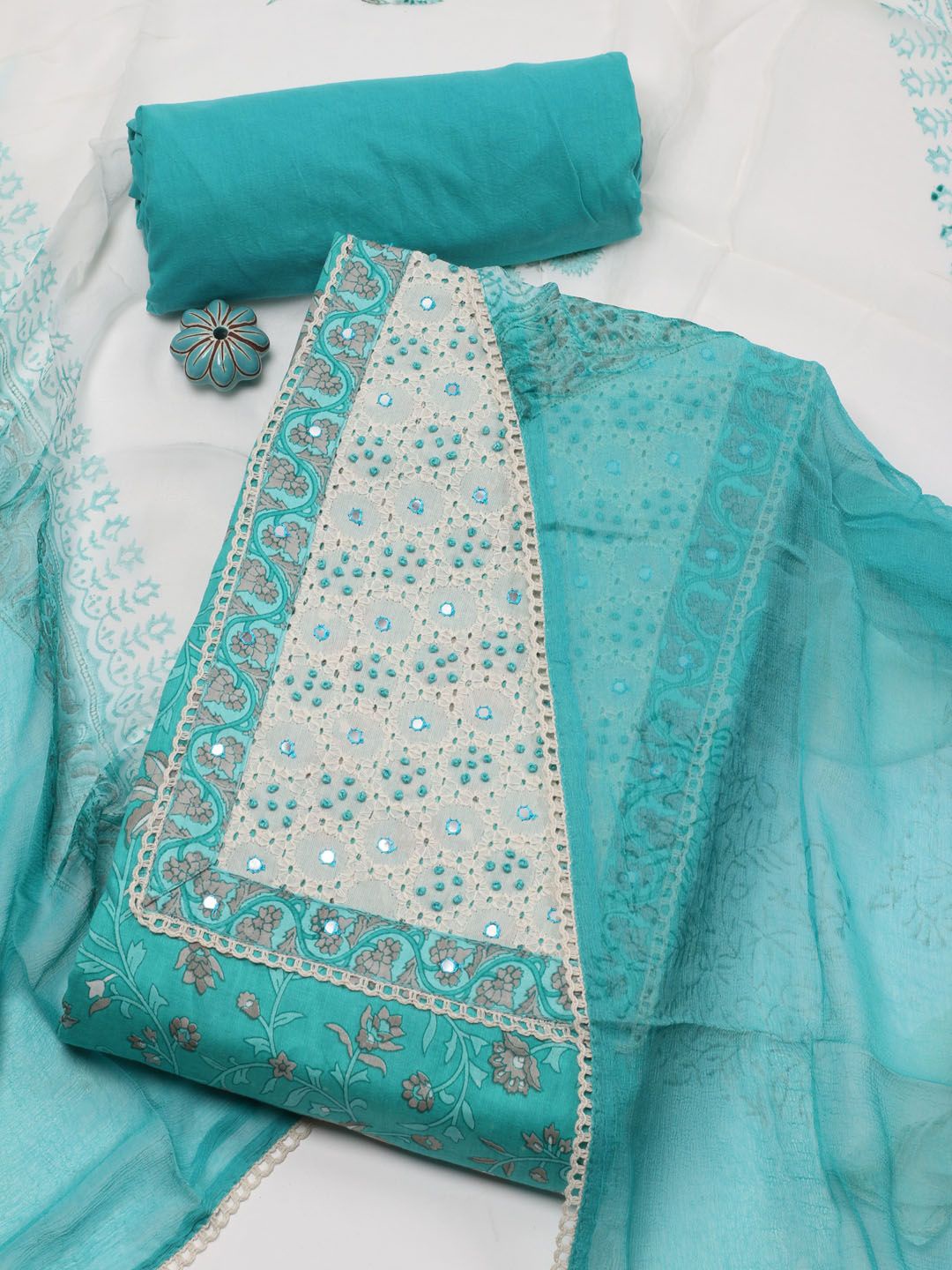 

Meena Bazaar Printed Unstitched Dress Material, Sea green