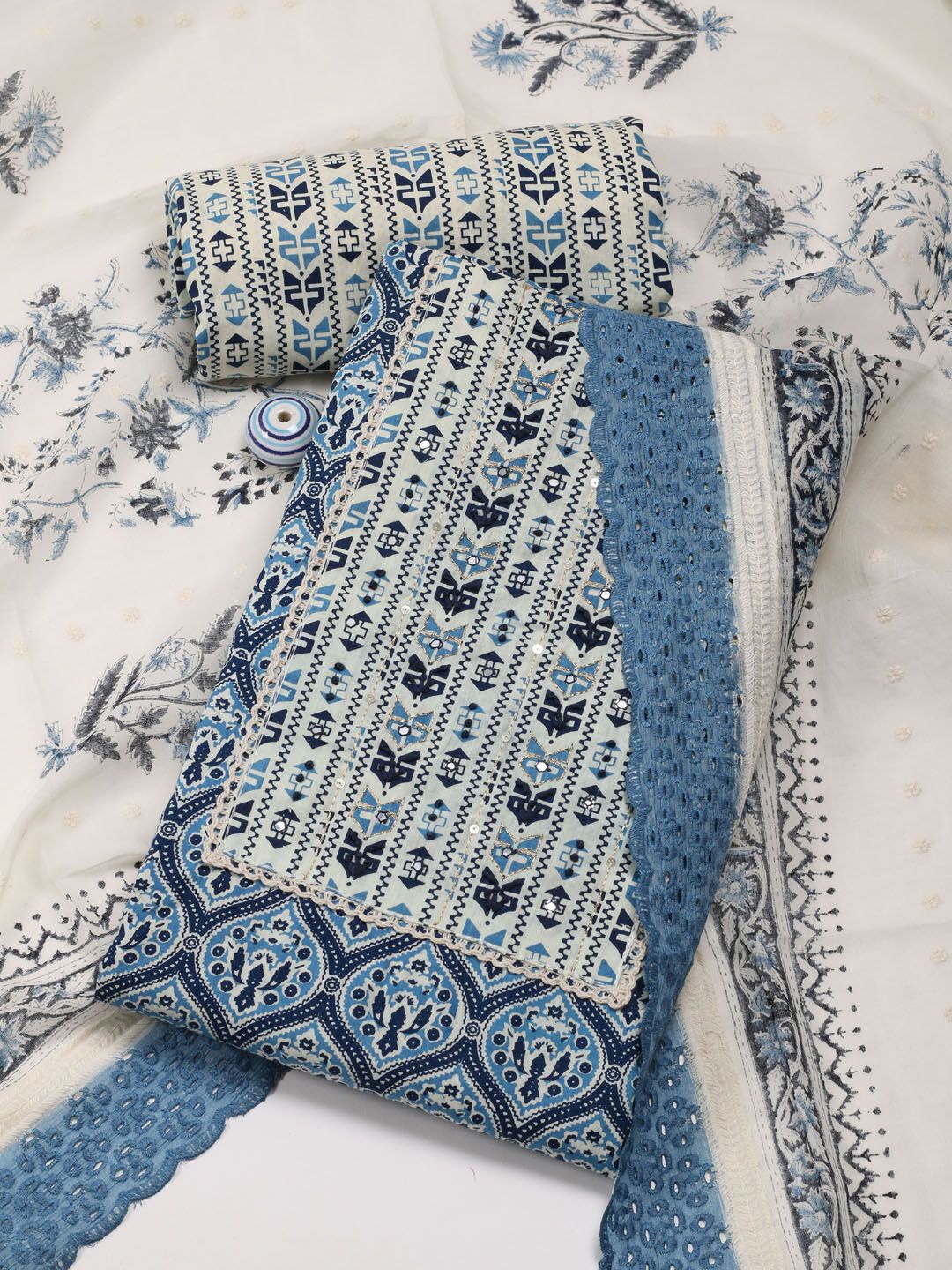 

Meena Bazaar Printed Unstitched Dress Material, Blue