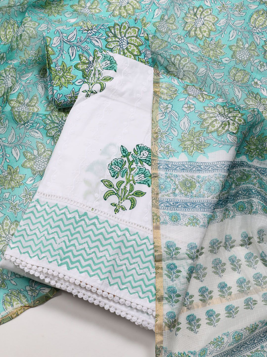 

Meena Bazaar Floral Printed Unstitched Dress Material, Sea green