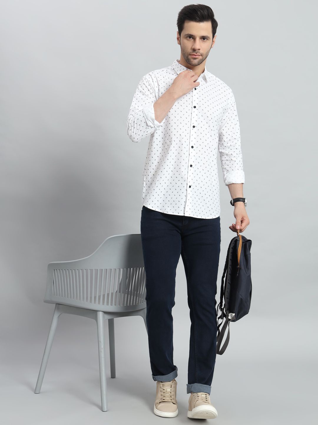 

BAESD Men Slim Fit Opaque Printed Casual Shirt, White