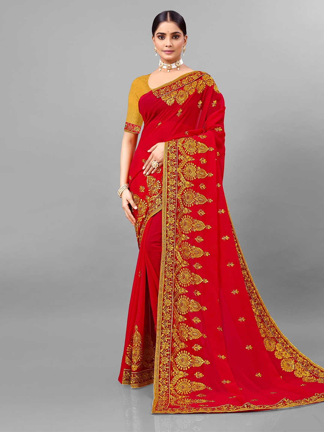 

KHRITI FAB Floral Embroidered Pure Georgette Saree, Red