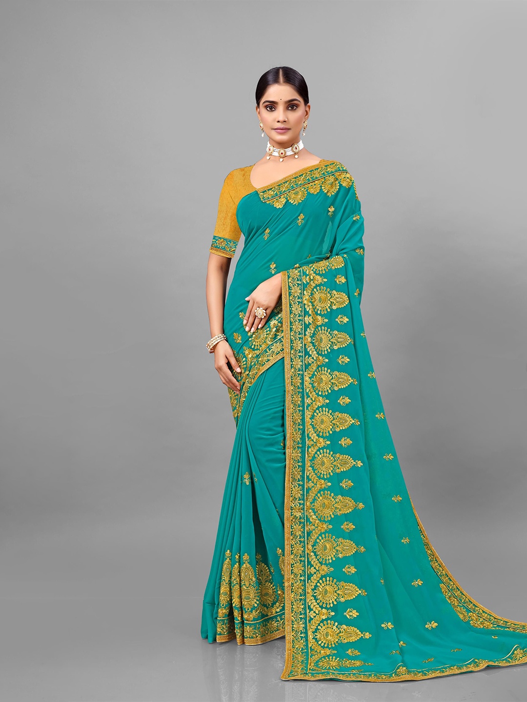 

KHRITI FAB Floral Embroidered Pure Georgette Saree, Turquoise blue
