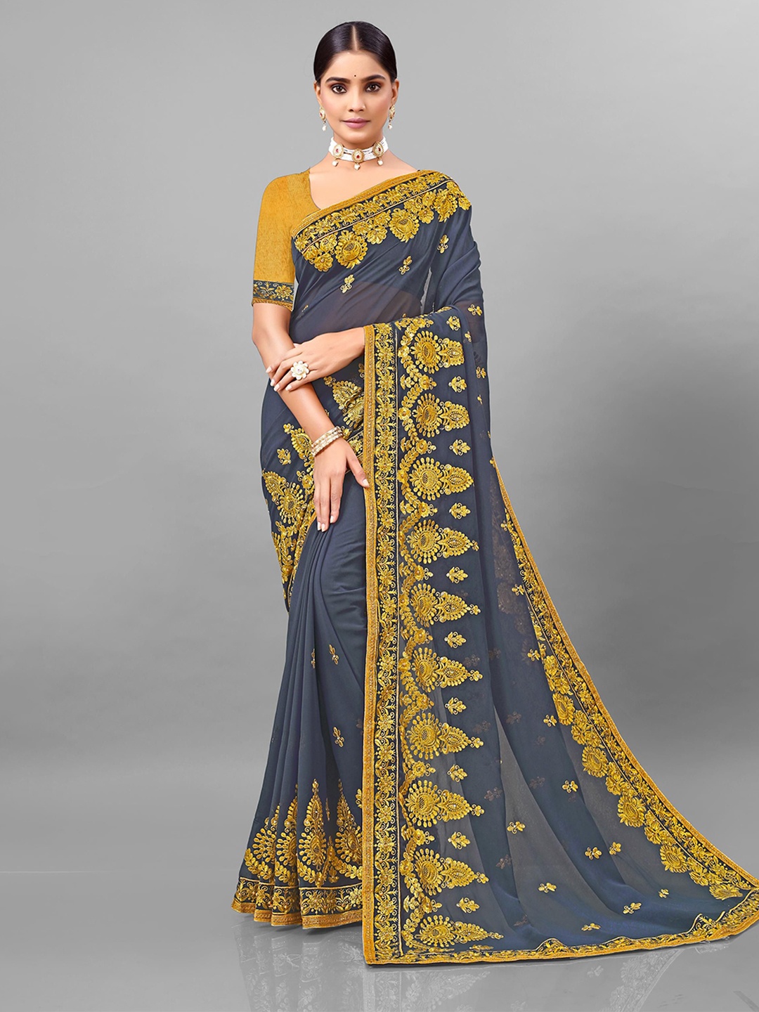 

KHRITI FAB Floral Embroidered Pure Georgette Saree, Grey