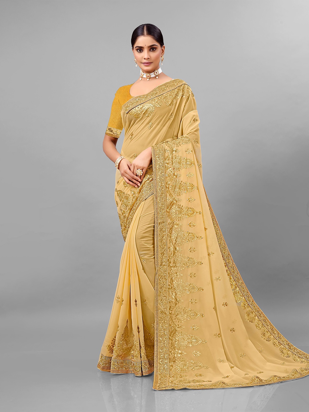 

KHRITI FAB Floral Embroidered Pure Georgette Saree, Beige