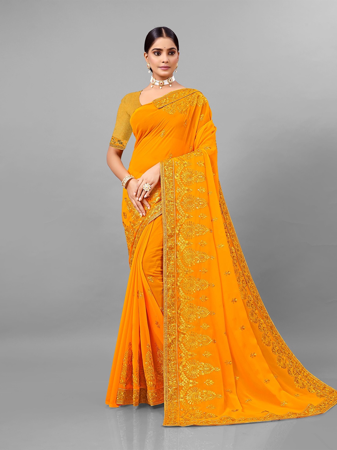 

KHRITI FAB Floral Embroidered Pure Georgette Saree, Yellow