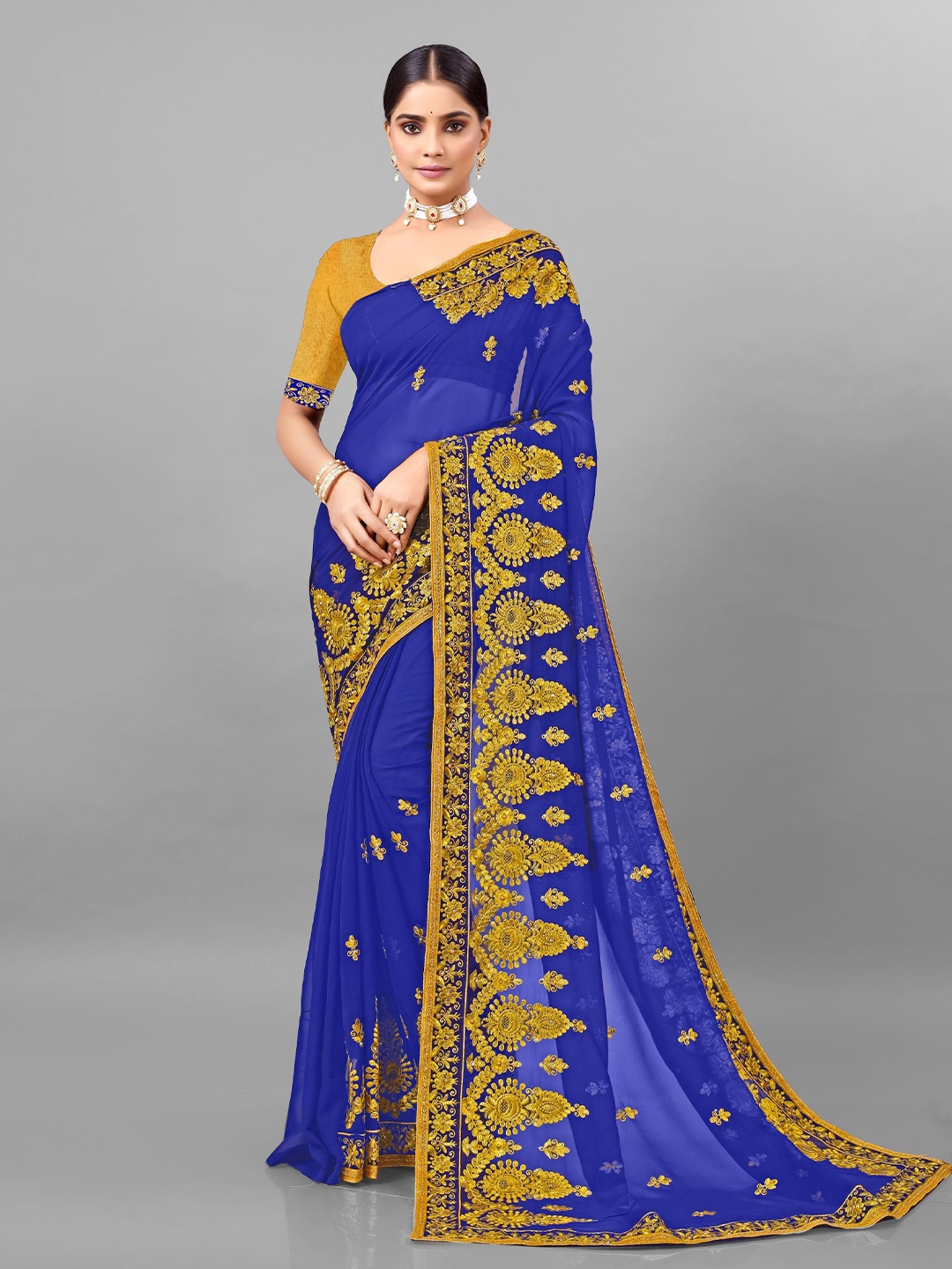 

KHRITI FAB Floral Embroidered Pure Georgette Saree, Blue