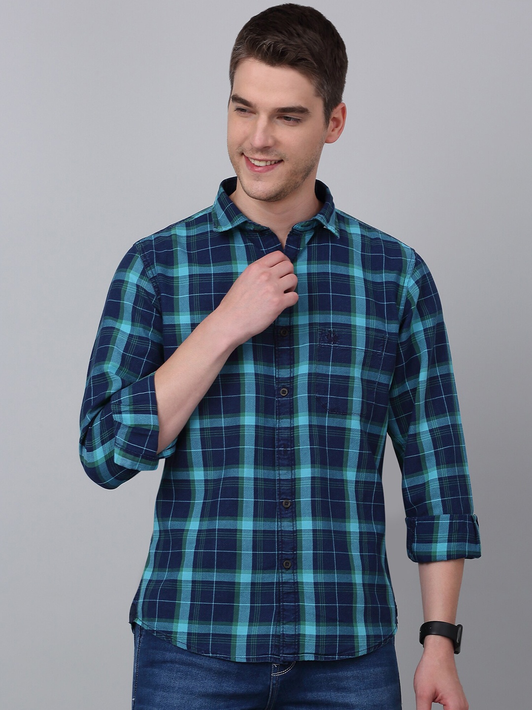 

Cantabil Men Tartan Checks Opaque Checked Casual Shirt, Turquoise blue