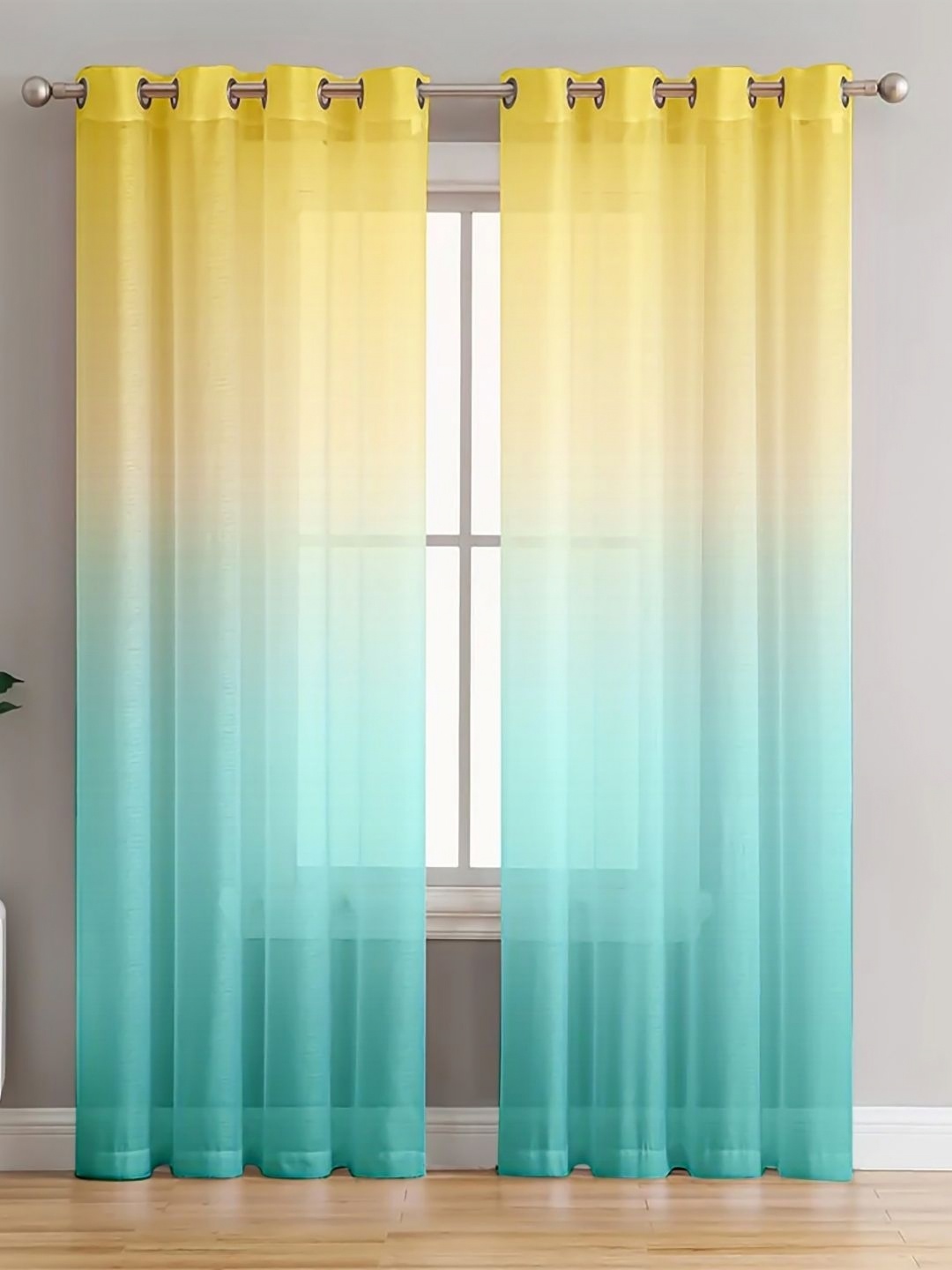 

HOMADORN Yellow & Blue Set of 2 Sheer Window Curtain