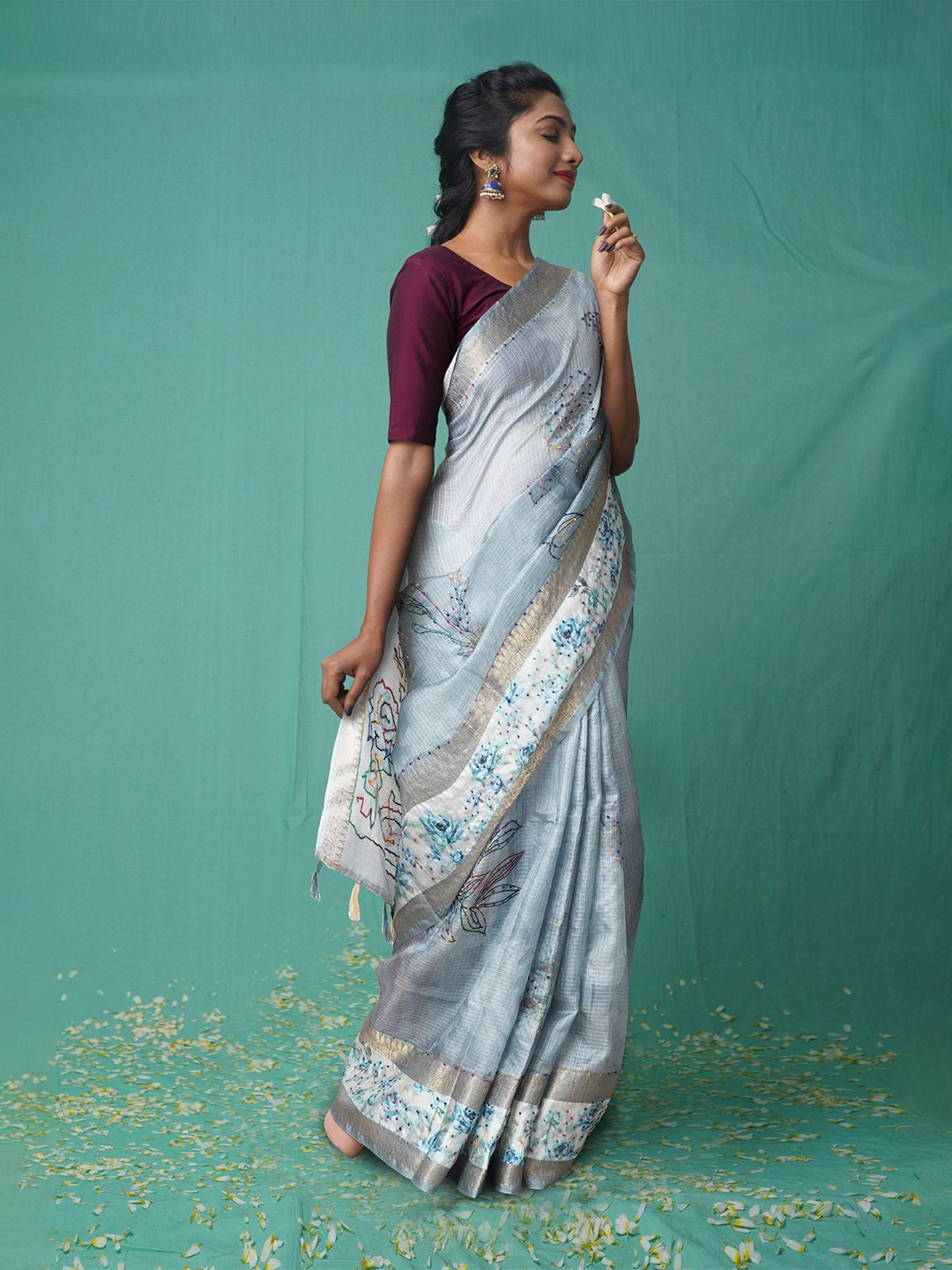 

Unnati Silks Ethnic Motifs Zari Pure Silk Handloom Kota Saree, Grey