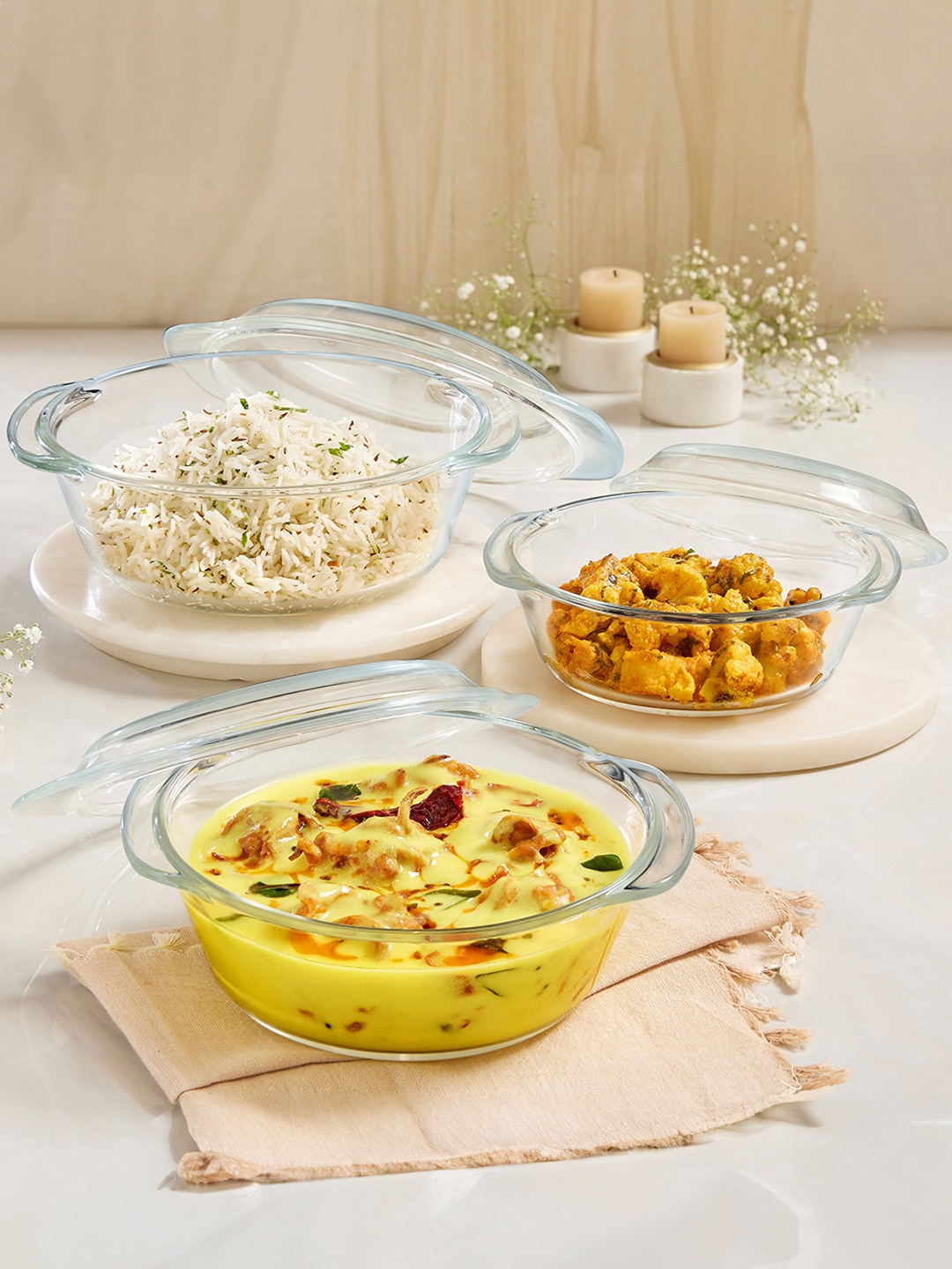 

BOROSIL Transparent 3 Pieces Borosilicate Glass Casserole with Lid (700ml+1 L+1.5 Litre)