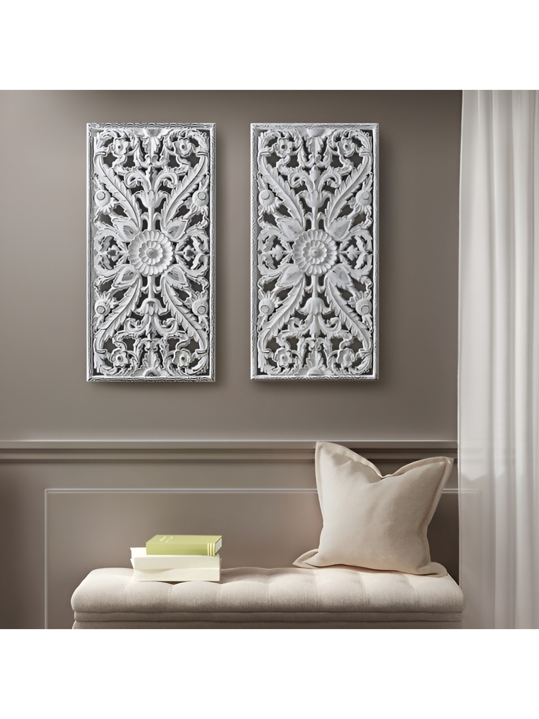 

VAS collection home Pack Of 2 Self Designed Rectangle Shaped Wood Wall Decor Plates, Grey