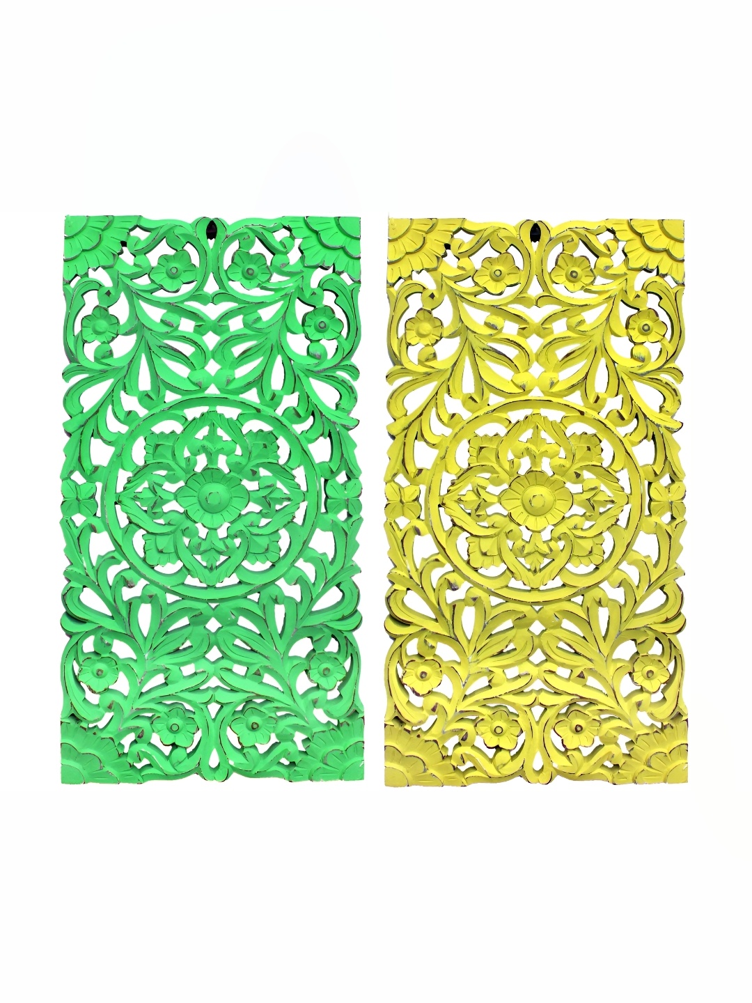 VAS collection home 2 Pcs Yellow & Green Self Design Rectangle Shape Wood Wall Decor Plate