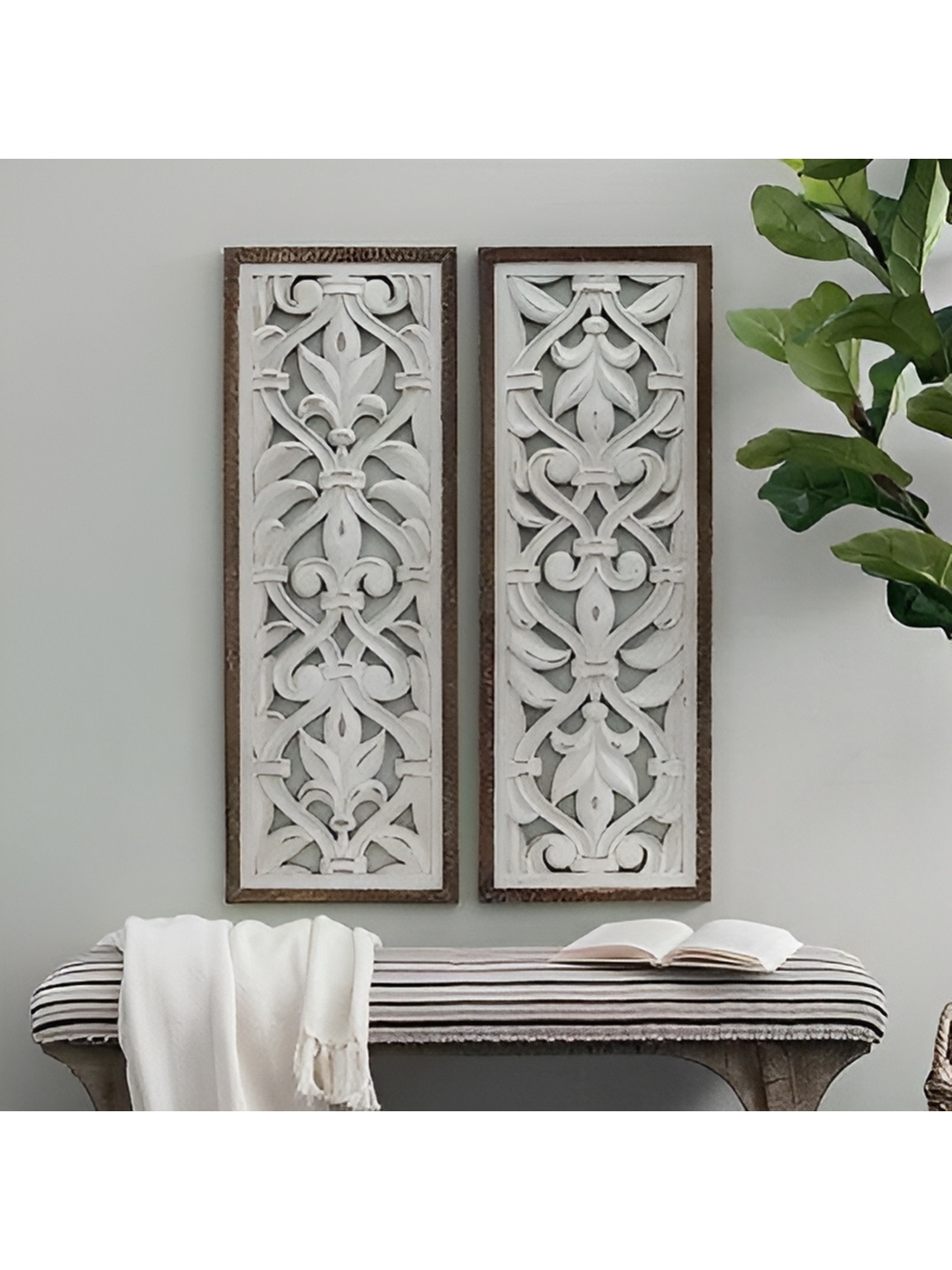 

VAS collection home White and Brown 2 Pieces Textured Wooden Wall Decor