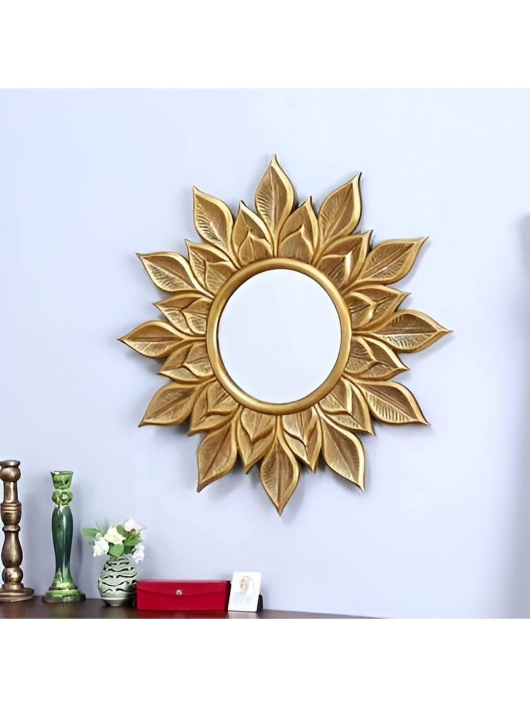 

VAS collection home Yellow Textured Wooden Wall Mirror, Gold