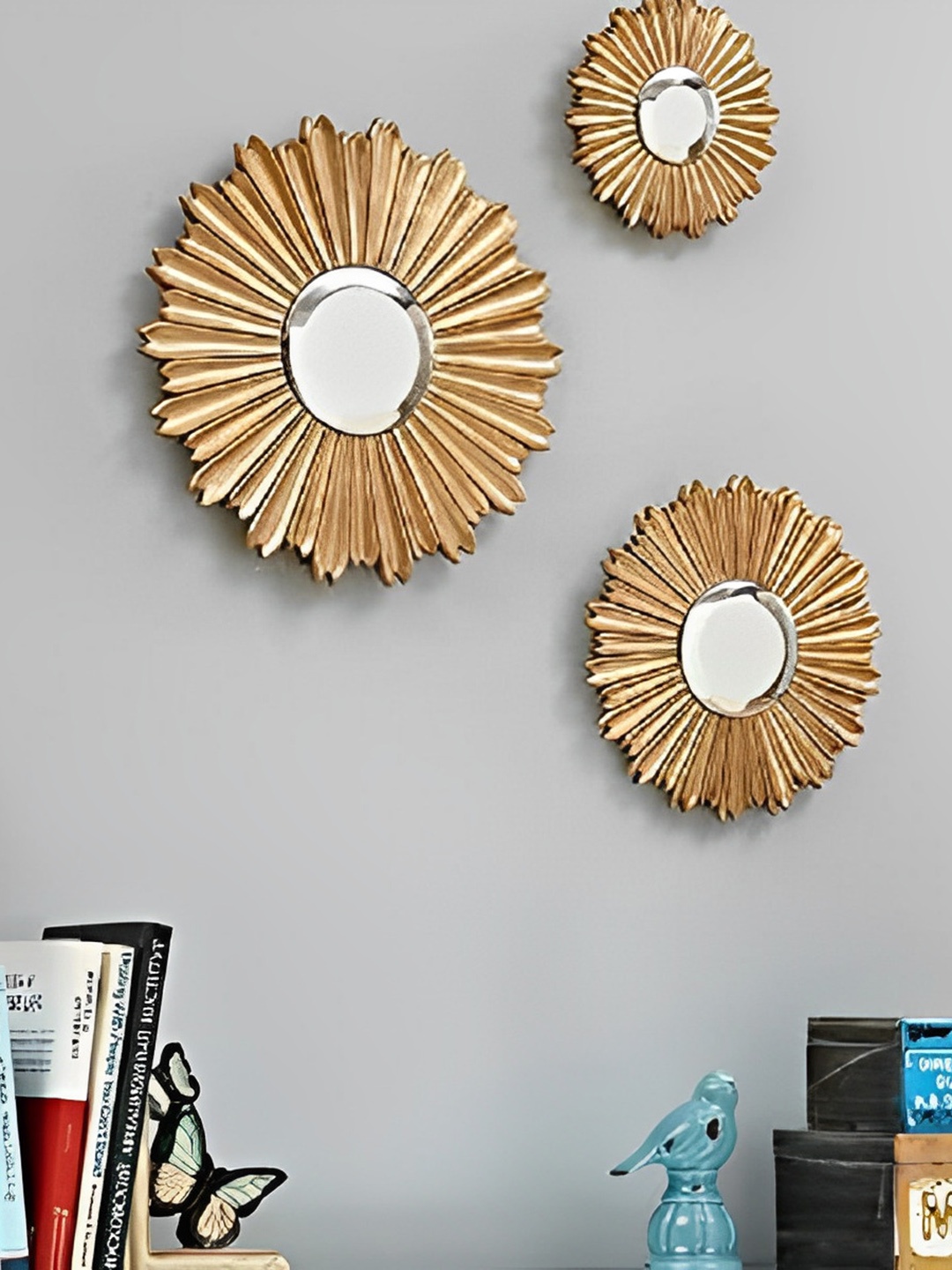 

VAS collection home Brown 3 Pieces Textured Wooden Wall Mirrors, Gold