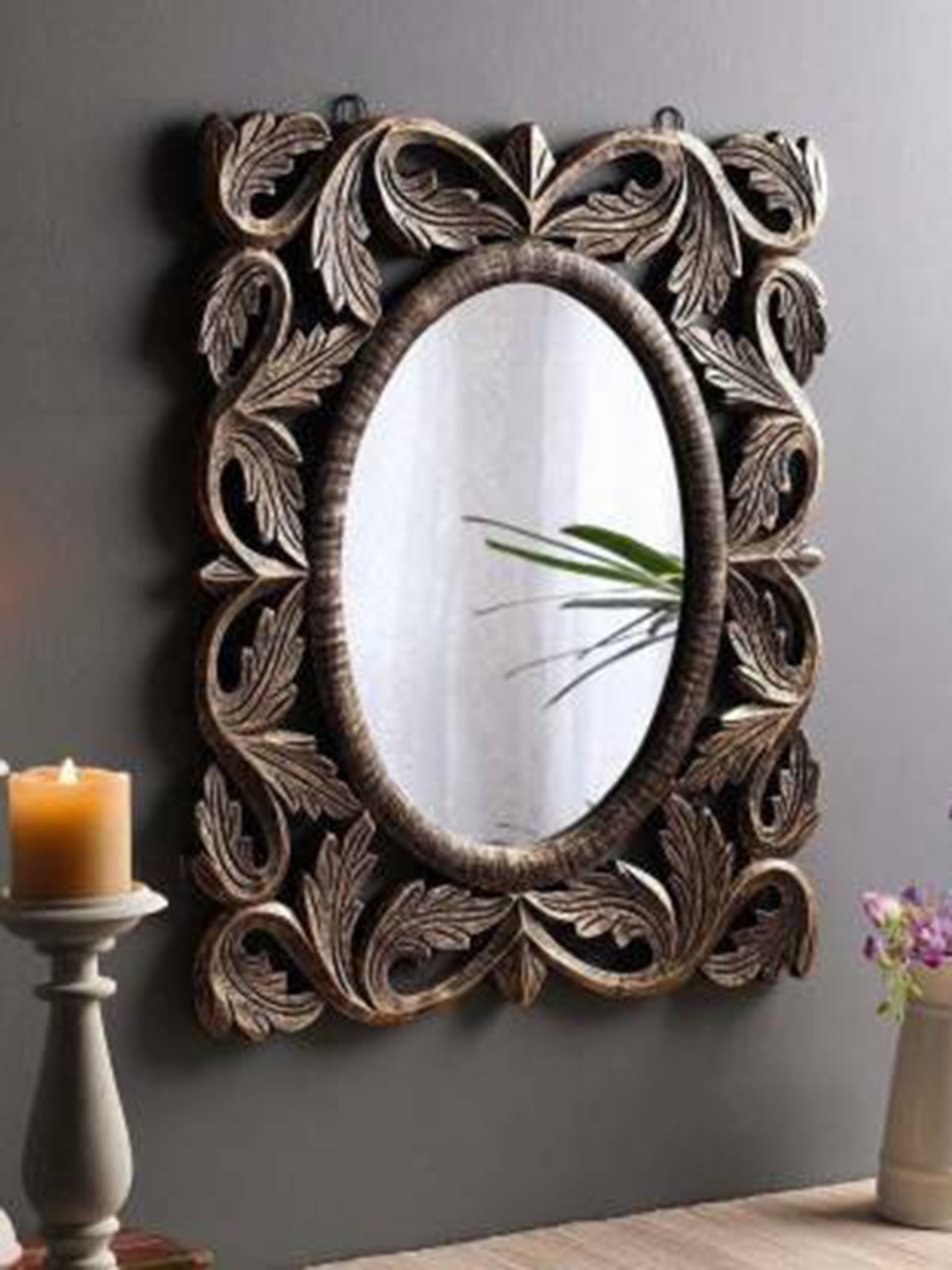 

VAS collection home Gold Toned Textured Wooden Oval Shaped Wall Mirror