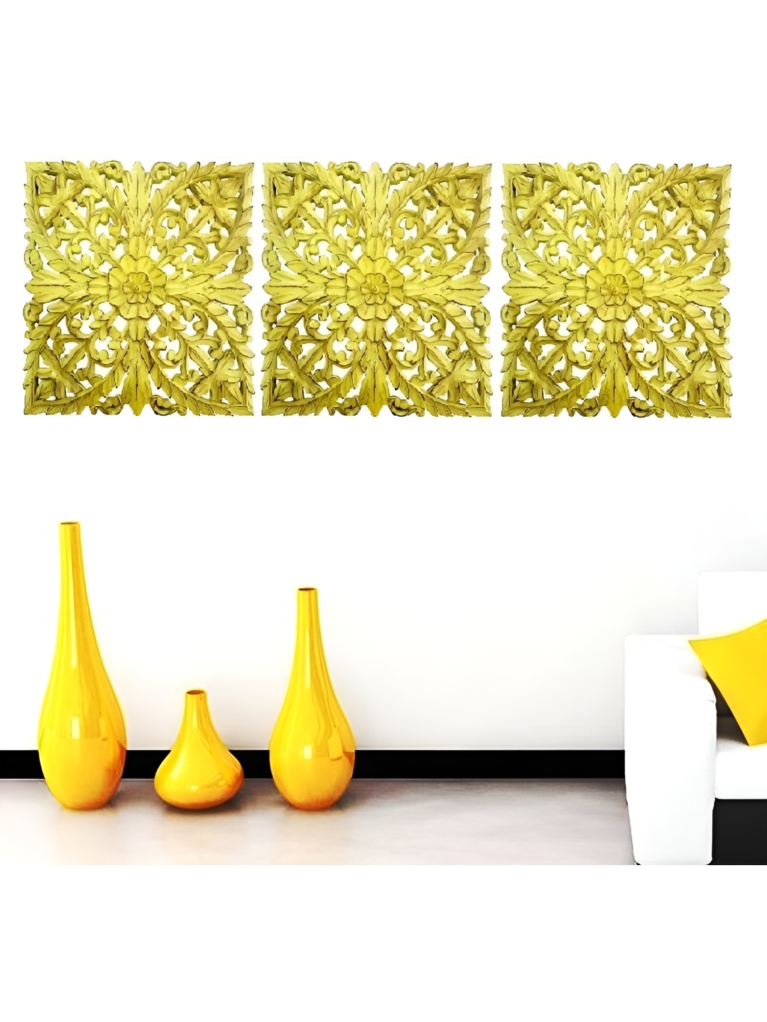 

VAS collection home Yellow 3 Pieces Self Designed Square Shaped Wooden Wall Decor Plates