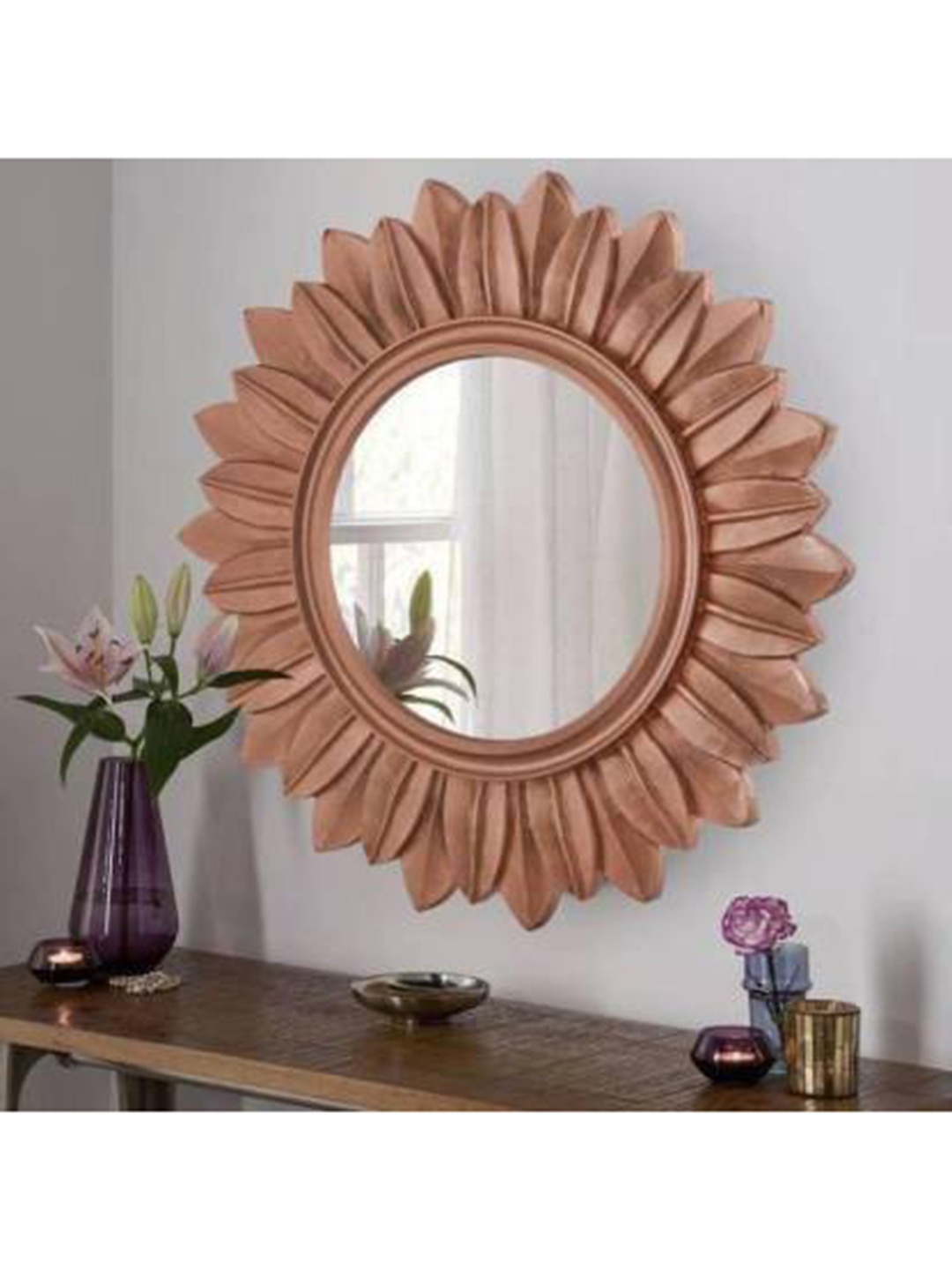 

VAS collection home Brown Textured Wooden Wall Mirror, Copper