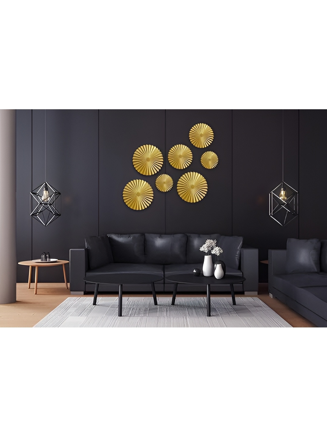 

VAS collection home Pack of 7 Self Designed Round Shaped Wooden Wall Decor, Gold