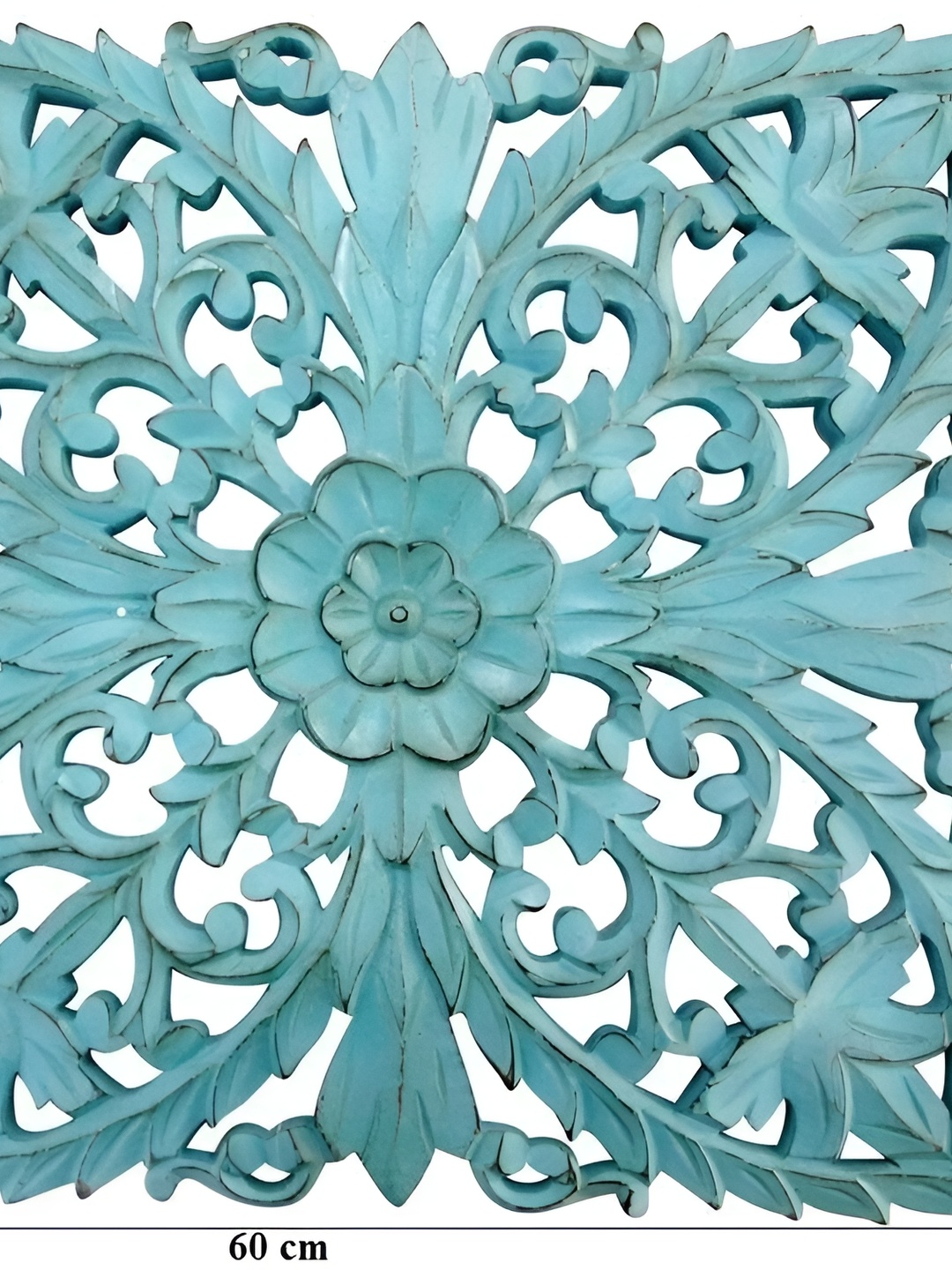 

VAS collection home Blue Floral Carved Pattern Square Wooden Wall Hanging