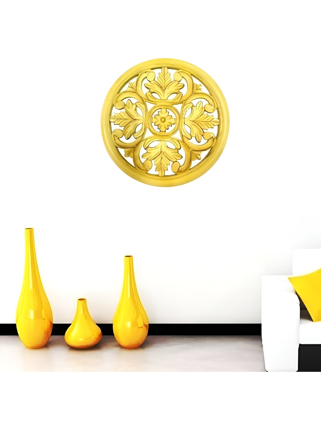 

VAS collection home Yellow Floral Carved Pattern Round Wooden Wall Hanging