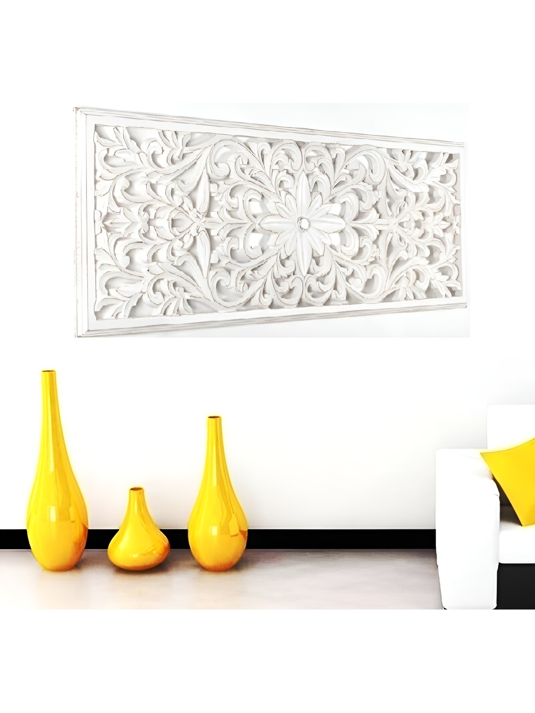 VAS collection home White Floral Carved Pattern Rectangle Wooden Wall Hanging