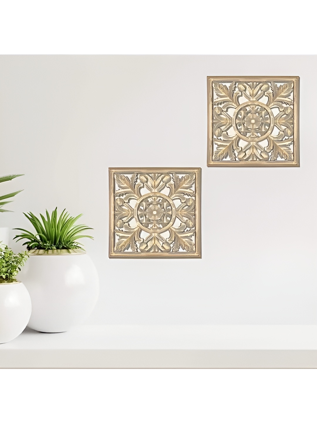 

VAS collection home 2-Pcs Beige Floral Carved Pattern Square Wooden Wall Hangings, Gold