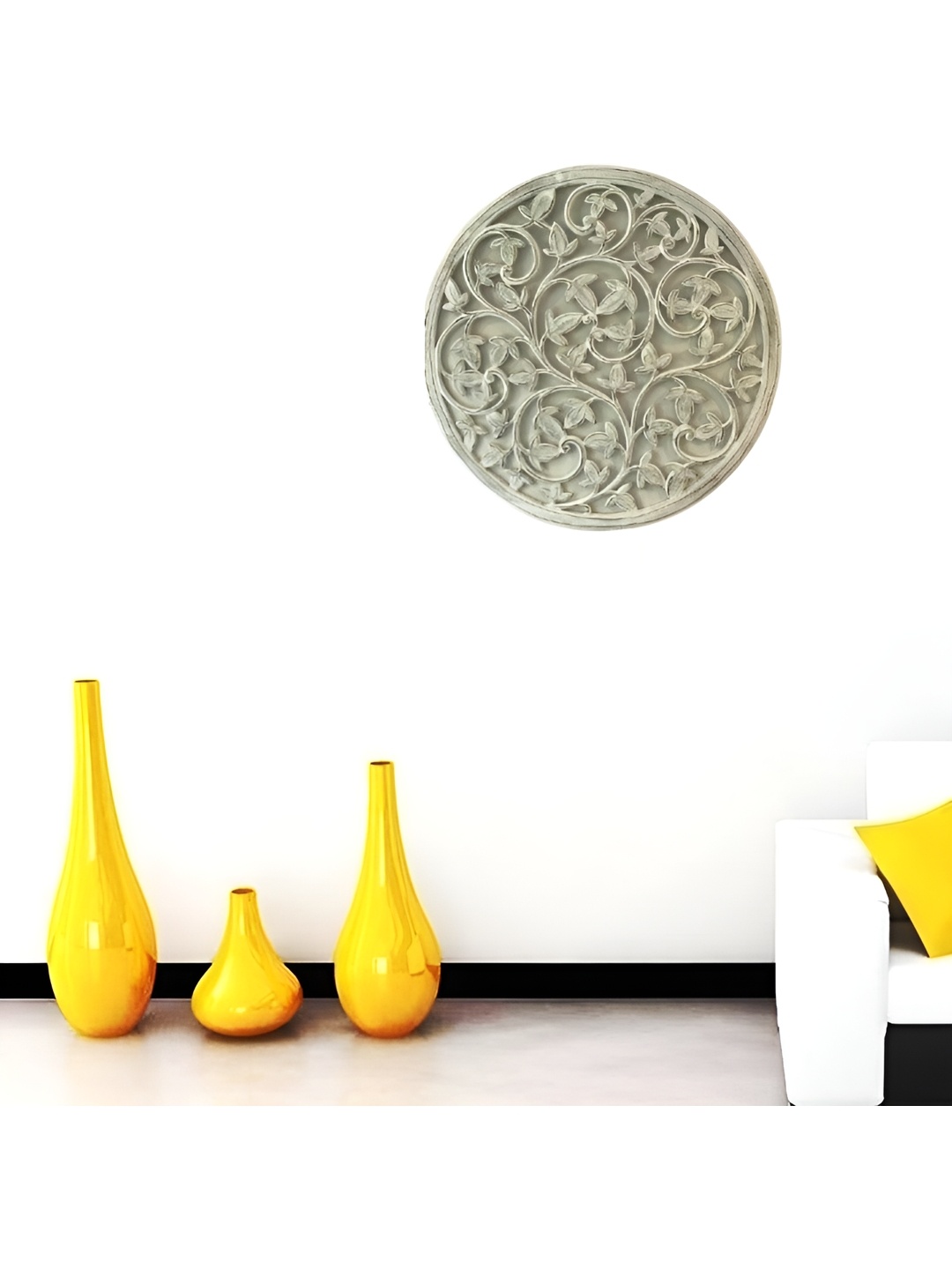VAS collection home White Self Designed Round Shaped Wood Wall Decor Plate