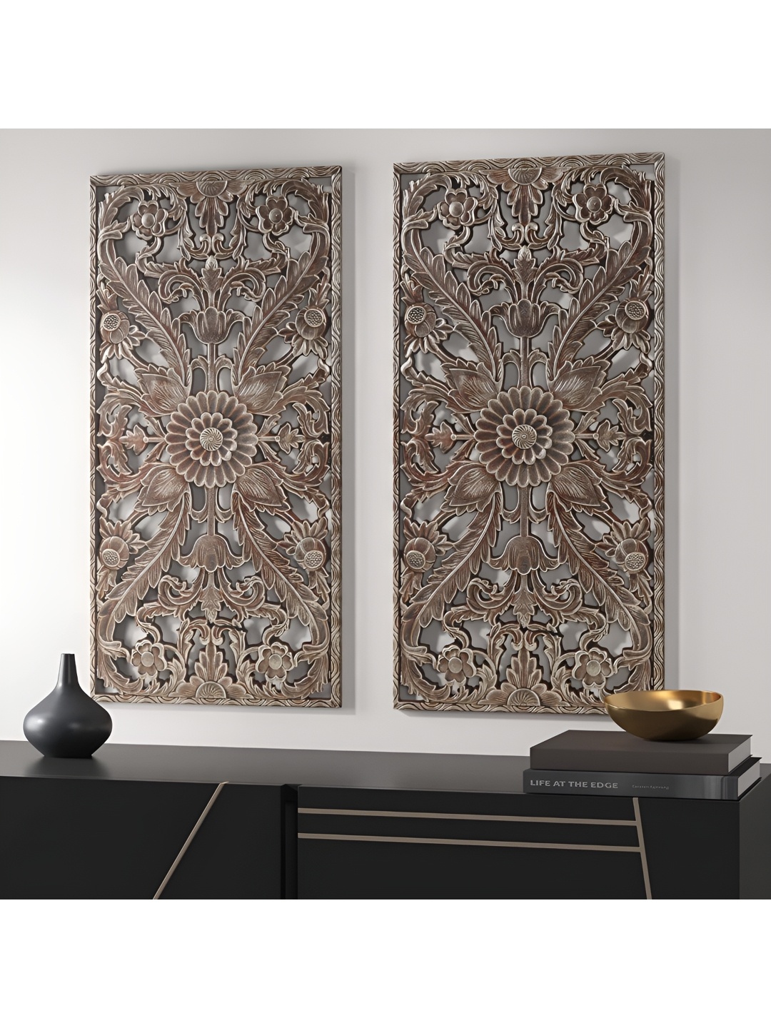 VAS collection home Brown 2 Pieces Textured Wooden Wall Decor Plate