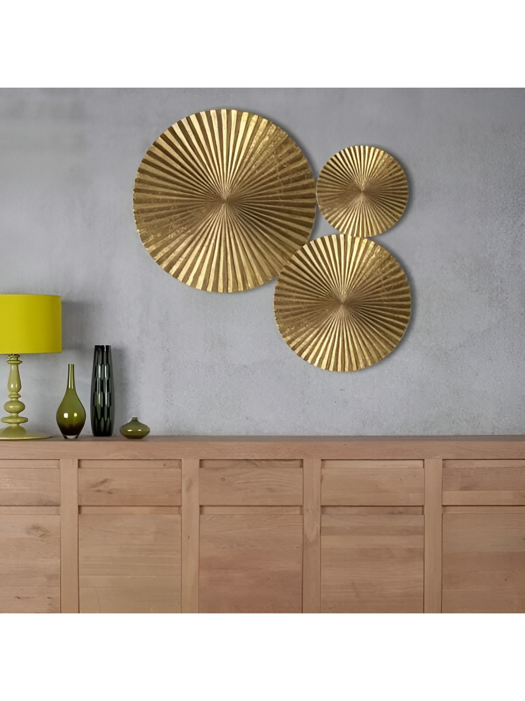 

VAS collection home Gold Toned 3 Pieces Self Design Round Shaped Wooden Wall Decor Plates