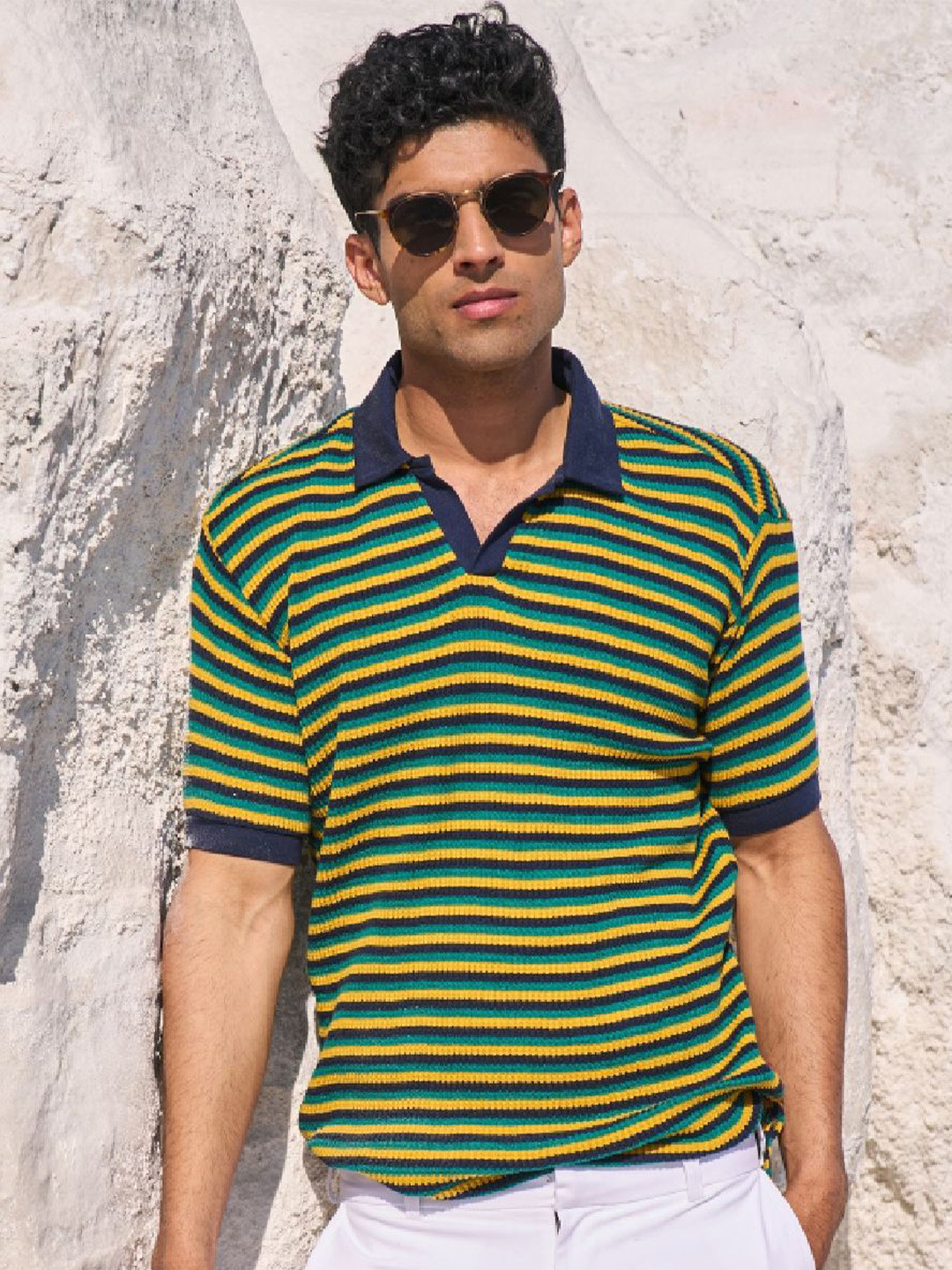 

Dash and Dot Men Striped Polo Collar Cotton Tshirt, Green