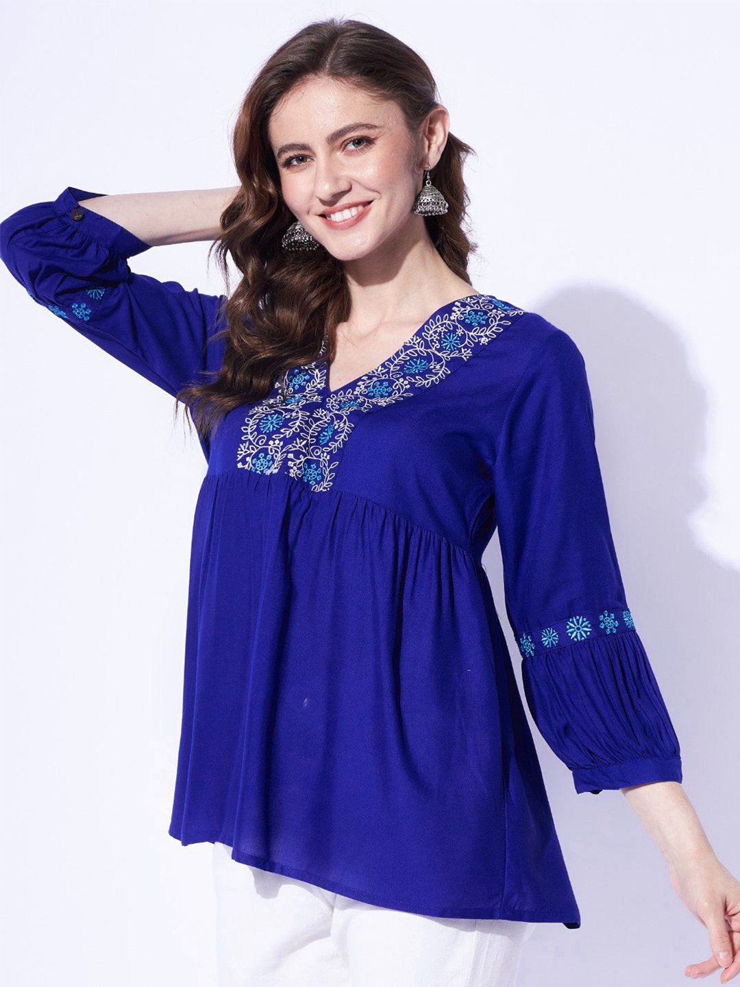 

PIMU Embroidered V-Neck Empire Top, Blue