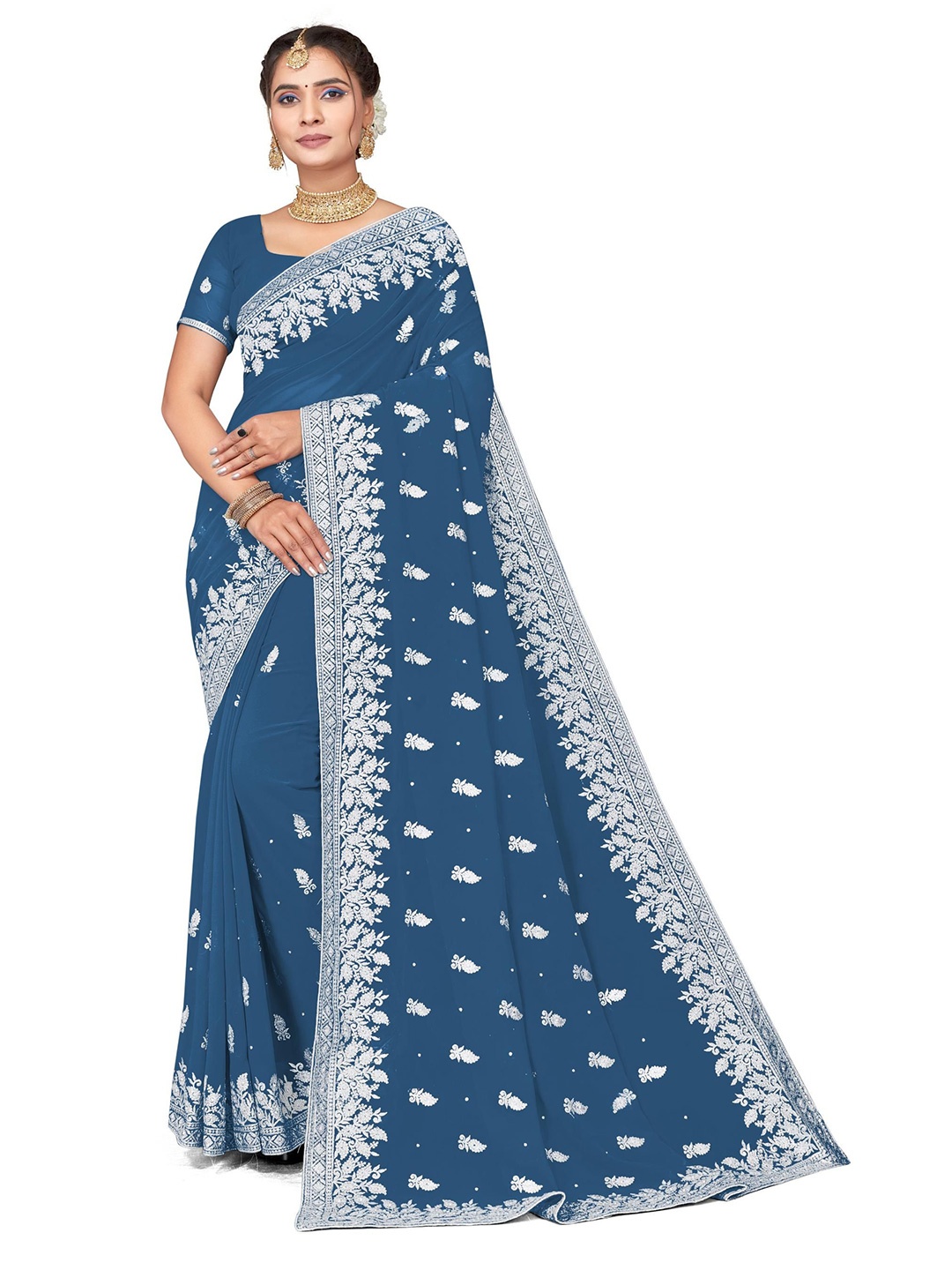 

KHRITI FAB Paisley Embroidered Pure Georgette Saree, Teal