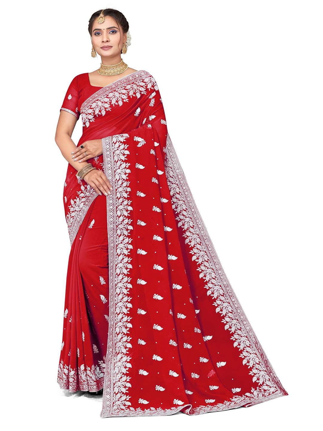 

KHRITI FAB Embellished Embroidered Pure Georgette Saree, Red