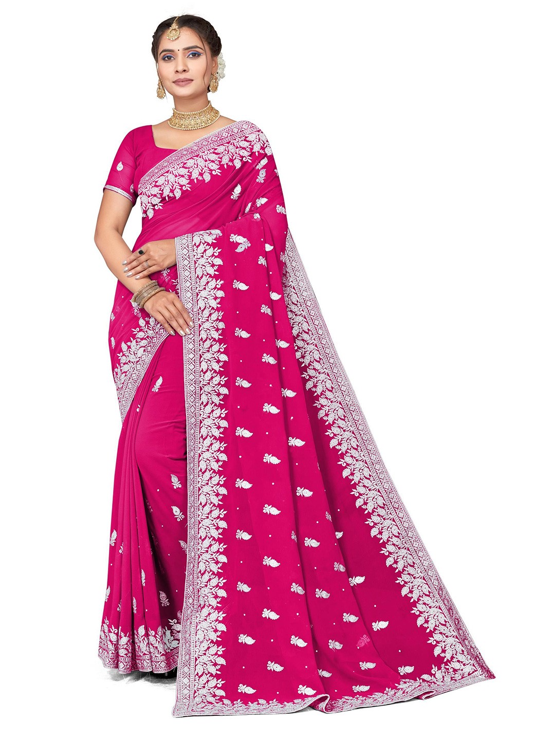 

KHRITI FAB Paisley Embroidered Pure Georgette Saree, Pink