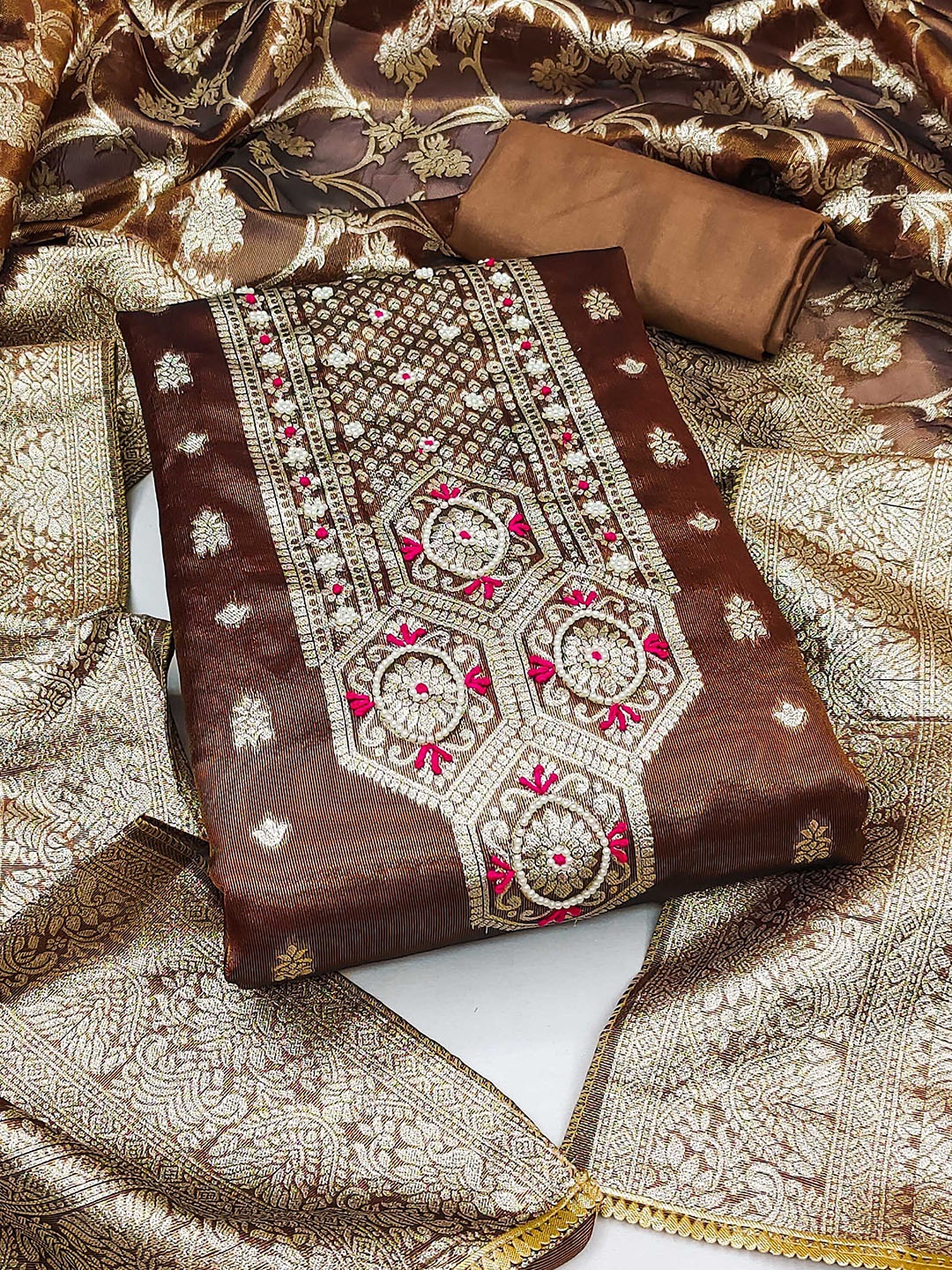 

KIMISHA Ethnic Motifs Woven Design Zari Unstitched Dress Material, Mustard